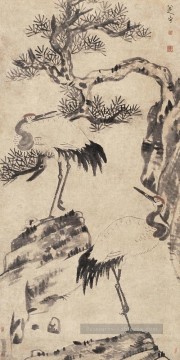  ancien - pin et grues ancienne Chine à l’encre